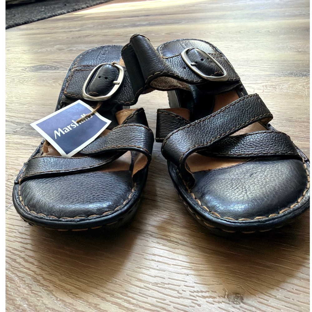 Børn Black Leather Crisscross Buckle Wedge Sandals Size 10 Slip-On Comfort NWOB - Picture 9 of 10